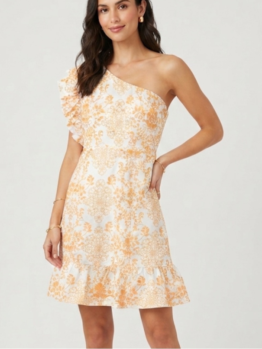 Women’s One-Shoulder Peach And White Floral Ruffle Dress Size Large